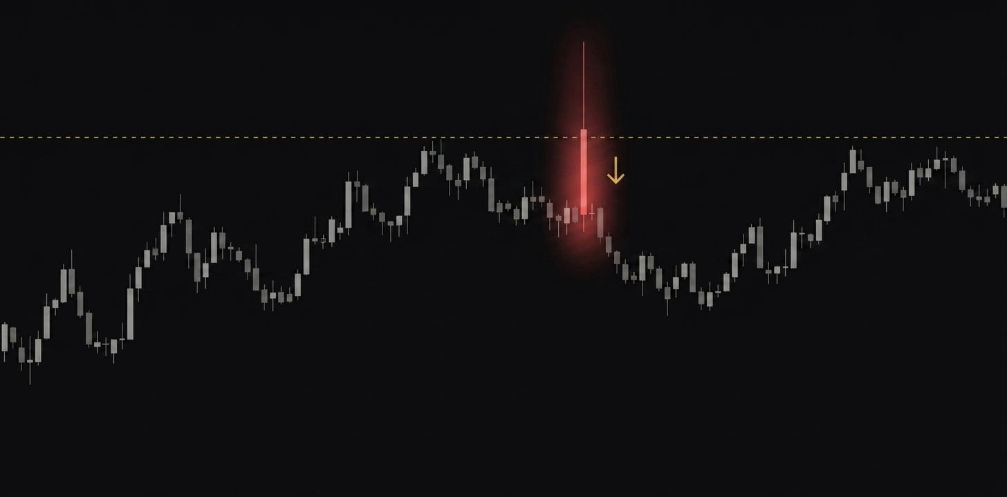 Liquidity sweep wick piercing a swing high then closing back below