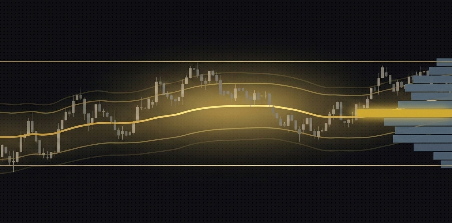 Volume Profile histogram with POC, VAH, VAL markers on a candlestick chart